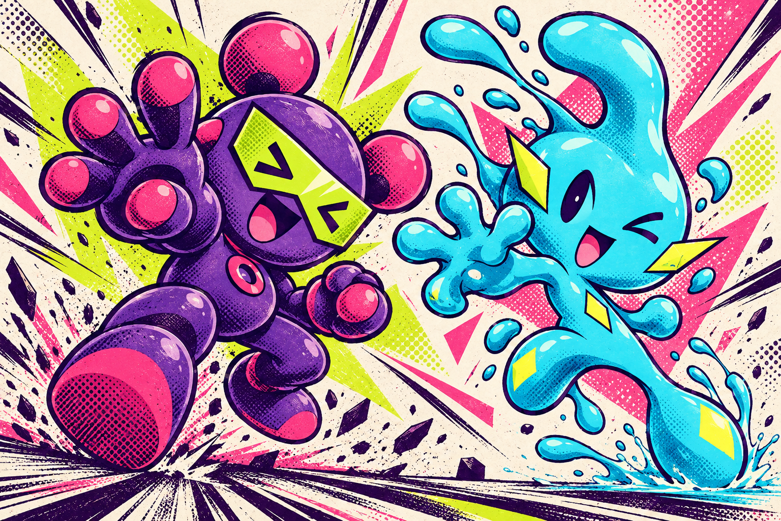 The purple FOCUS and blue POWER Playmodo characters in a manga panel